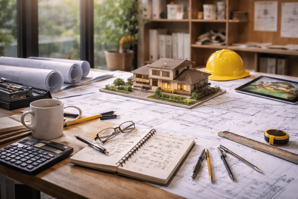 Maqueta sobre planos arquitectónicos